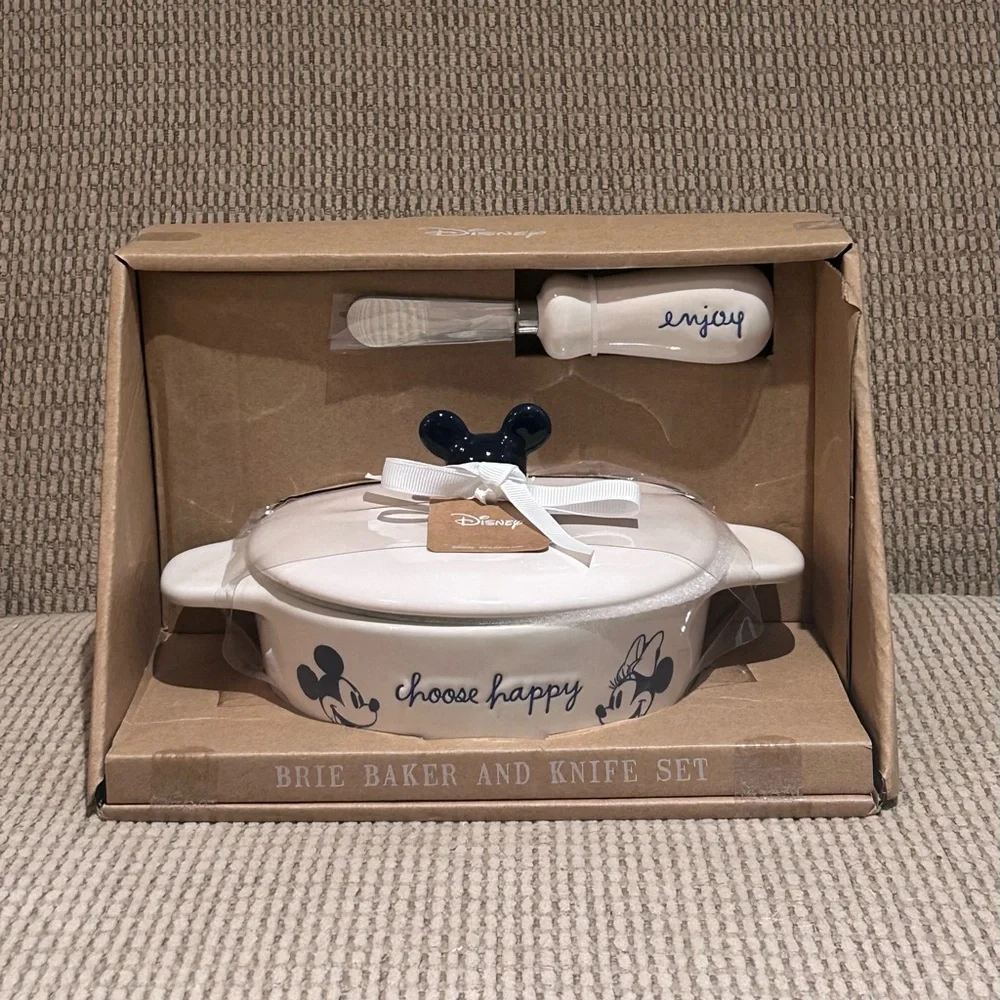 Rae Dunn Disney Mickey Mouse “choose happy” Ceramic Brie Baker and Knife Set - Picture 1 of 7